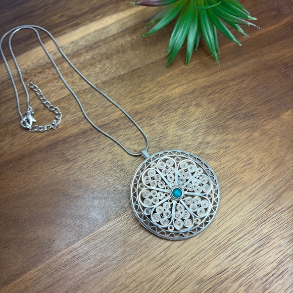 Vintage Israel Brooch Pendant 935 Sterling Silver Turquoise Flower Filigree - Picture 10 of 13